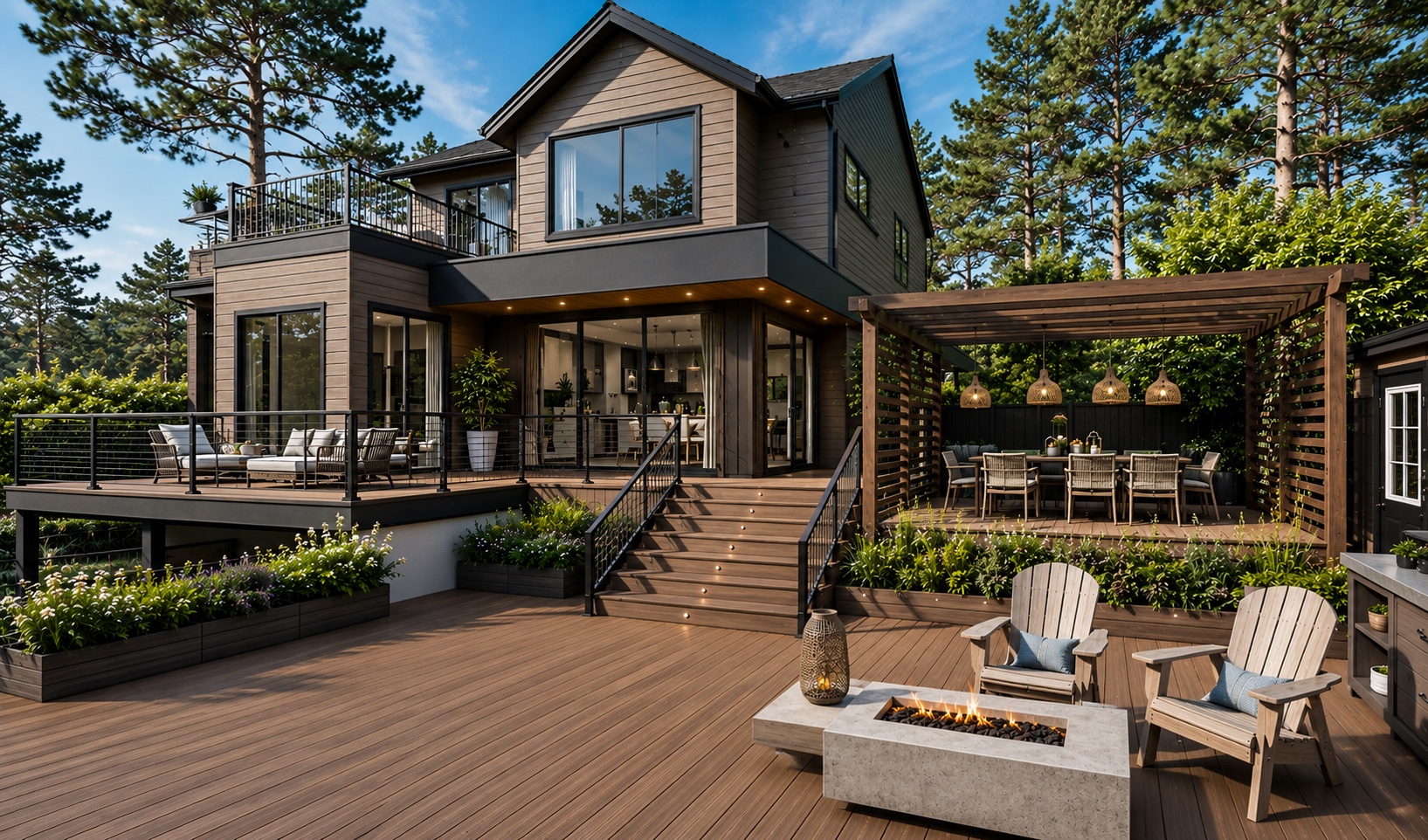 Modern outdoor living space with composite decking and architectural garden design