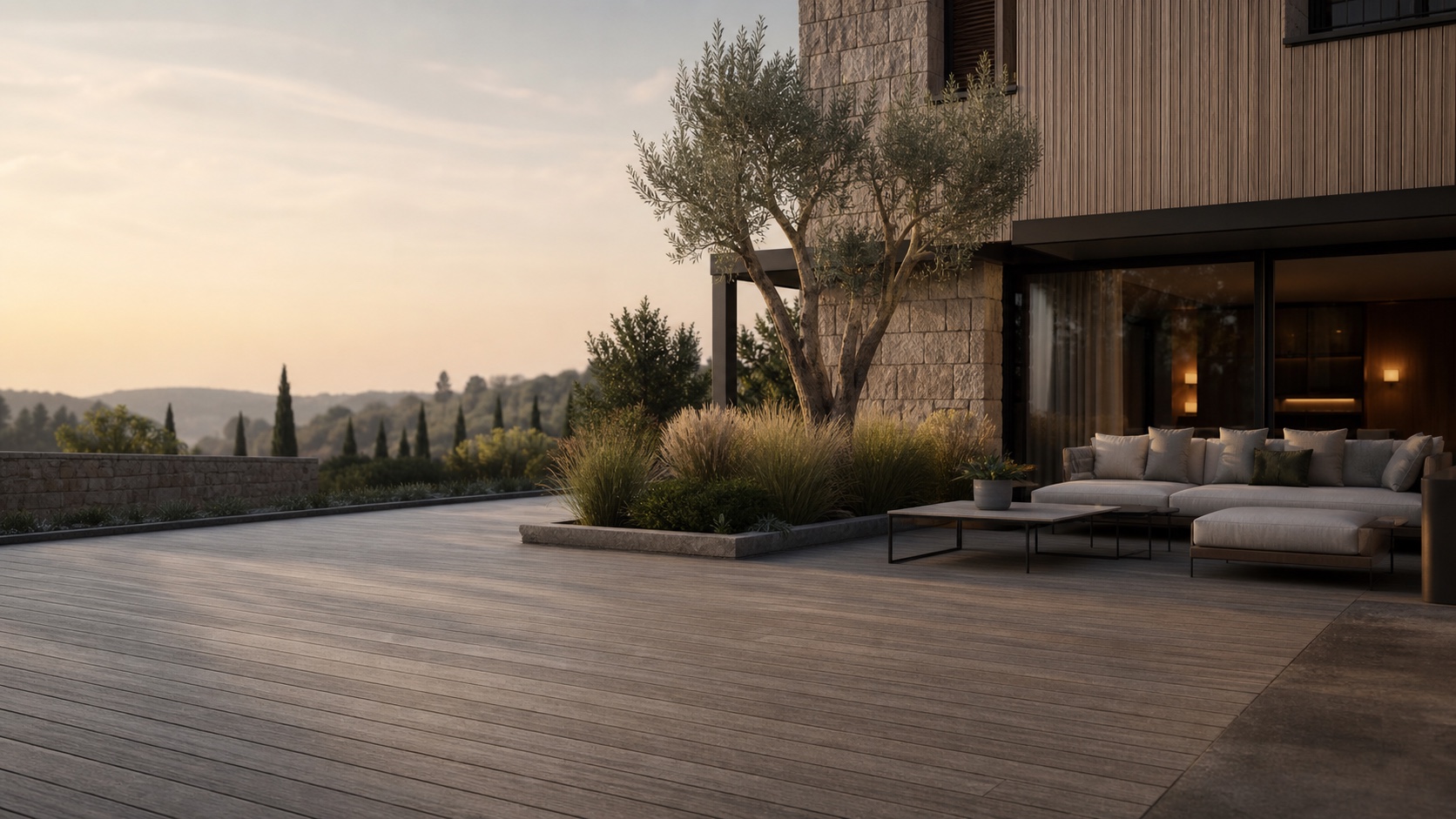 Regalboard composite decking and cladding in a landscaped outdoor terrace