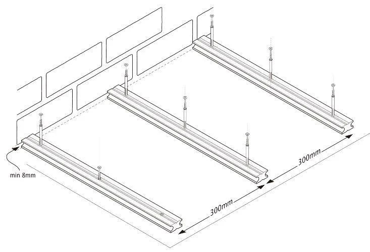 Diagram showing WPC decking joists fixed to a hard surface with spacing marks