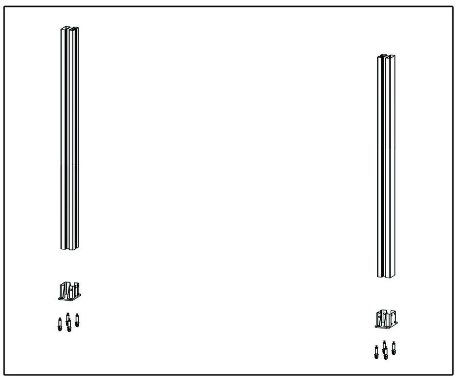 Diagram showing WPC fence posts, bases and screws laid out for assembly