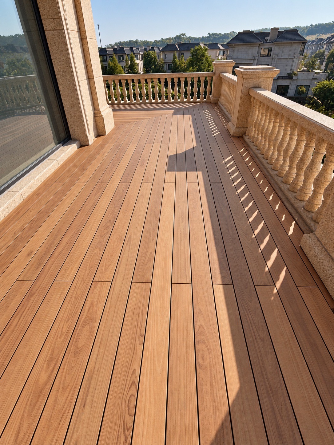 PMMA film decking detail across a sunlit private villa balcony