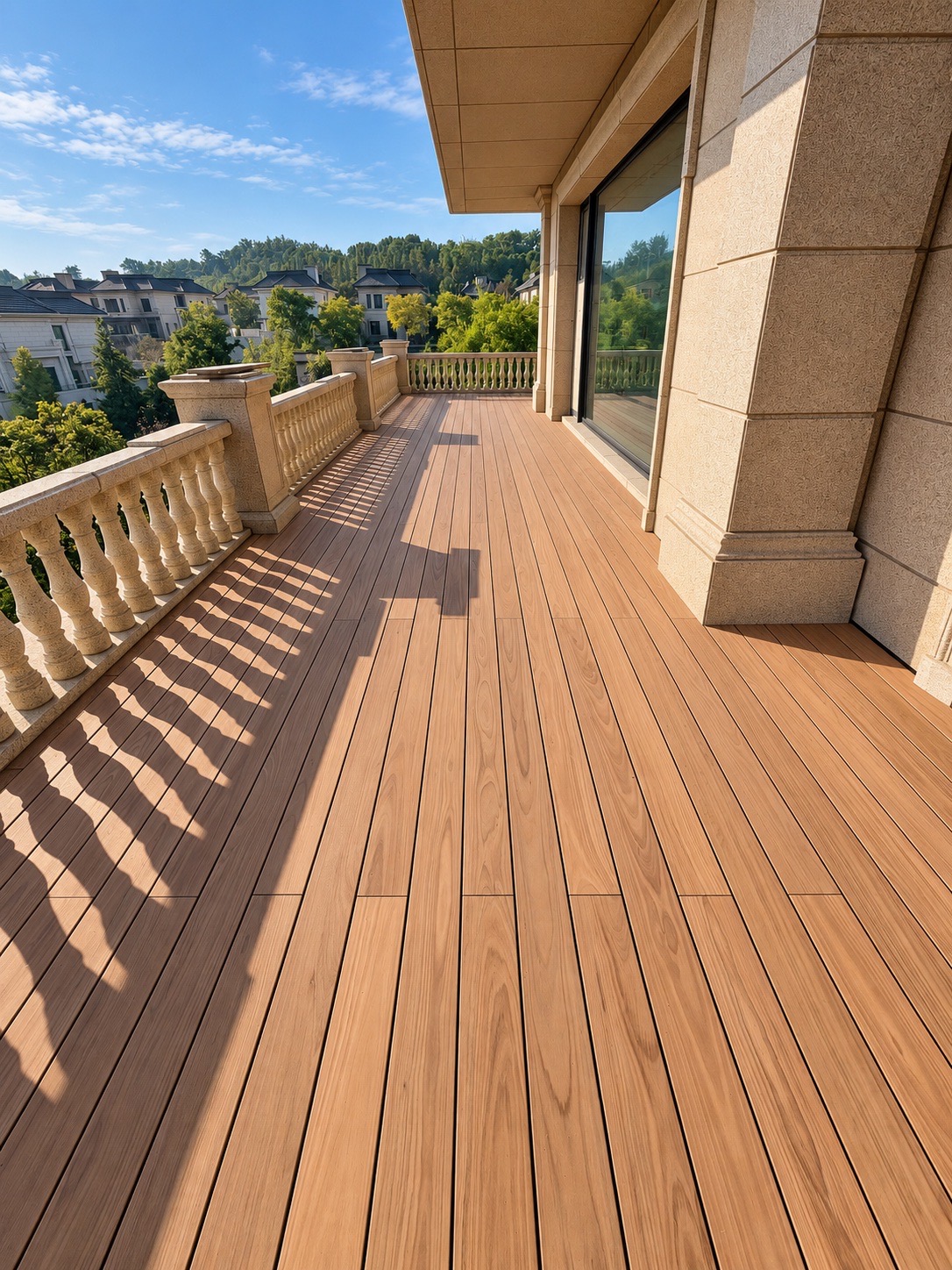 Long villa terrace showing continuous PMMA film deck board alignment