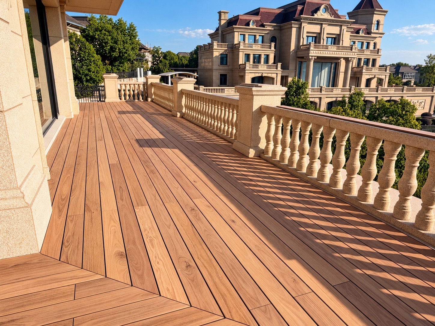 Wide villa balcony finished with warm 4th Generation PMMA Film Decking